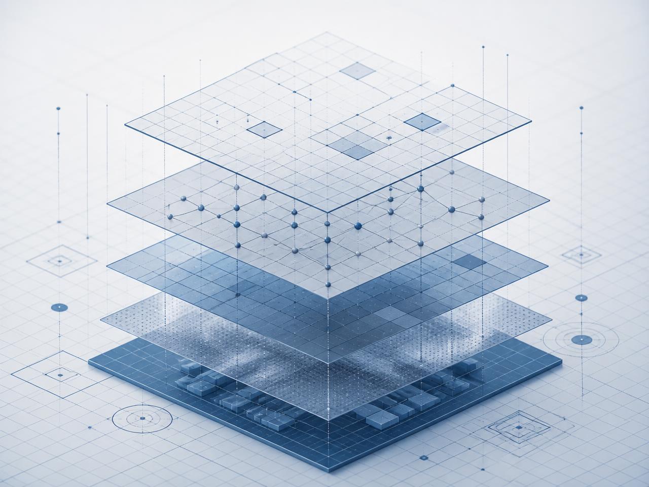 Isometric illustration of layered system architecture planes connected by a node graph on a blueprint grid