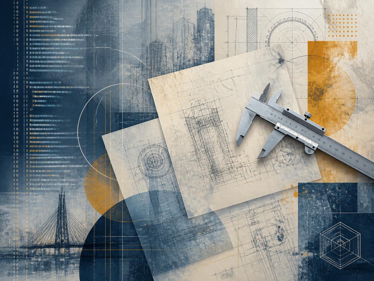Collage of technical drawings, drafting sheets and a caliper over a blue-grey engineering background