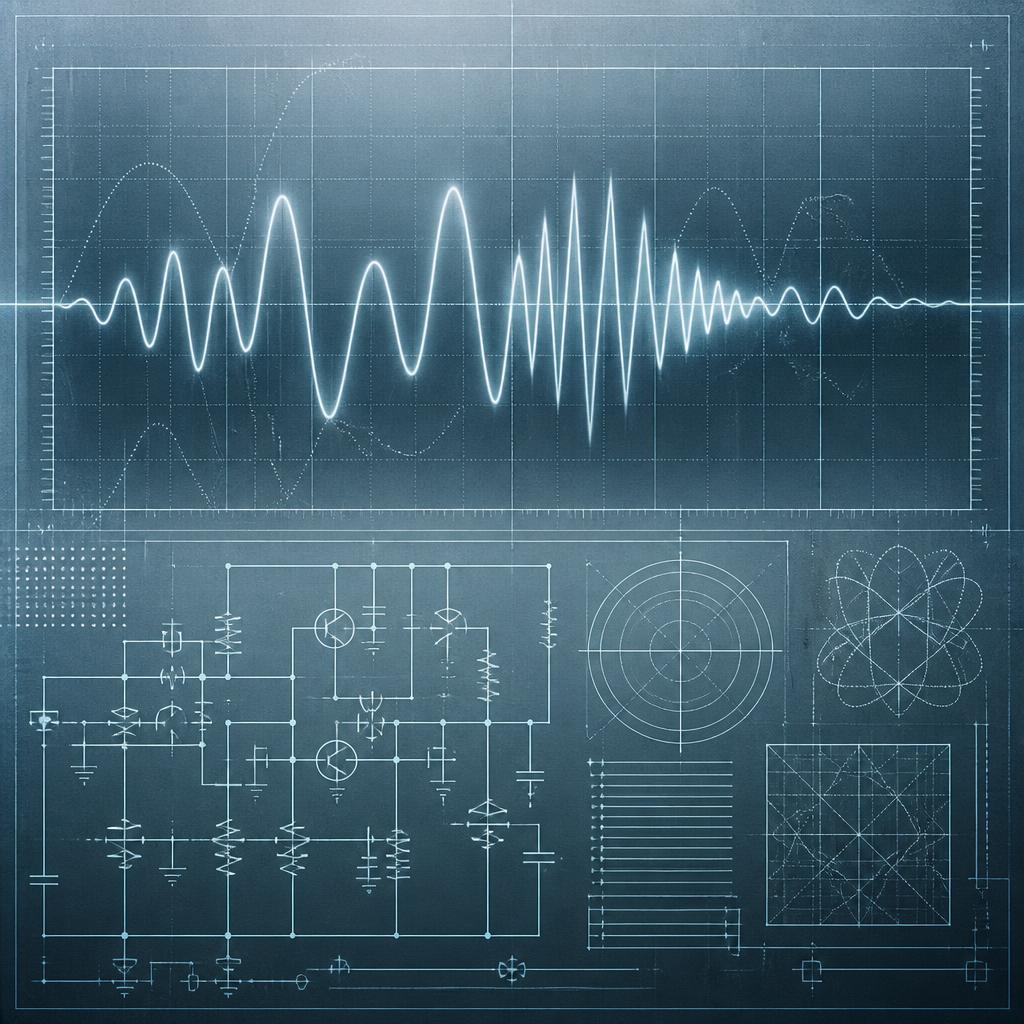 Abstract blueprint drawing of an oscilloscope waveform above a schematic circuit diagram in cool blue-grey tones