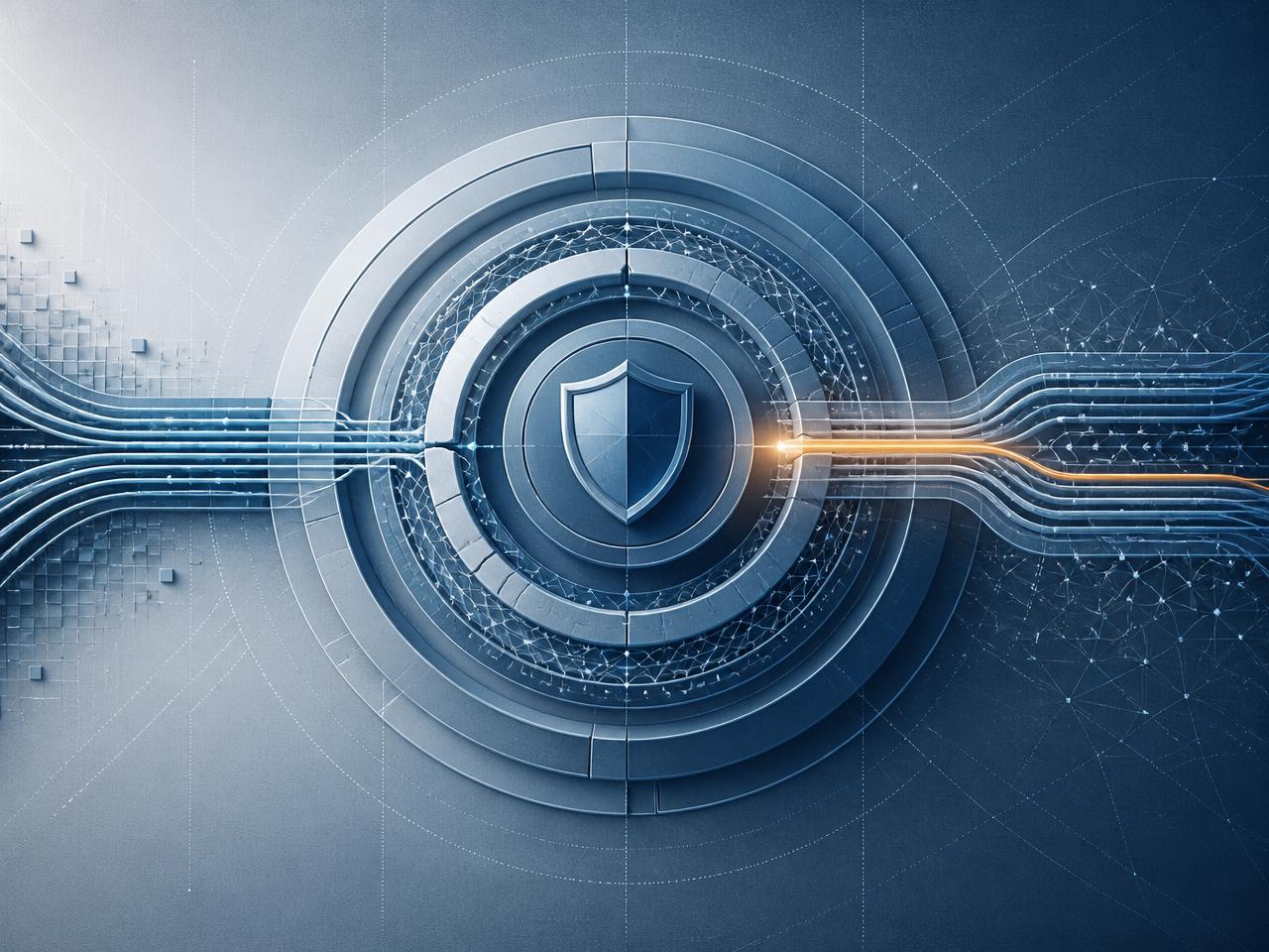 Abstract illustration of data flow lines entering concentric shielded rings around a central protective marker